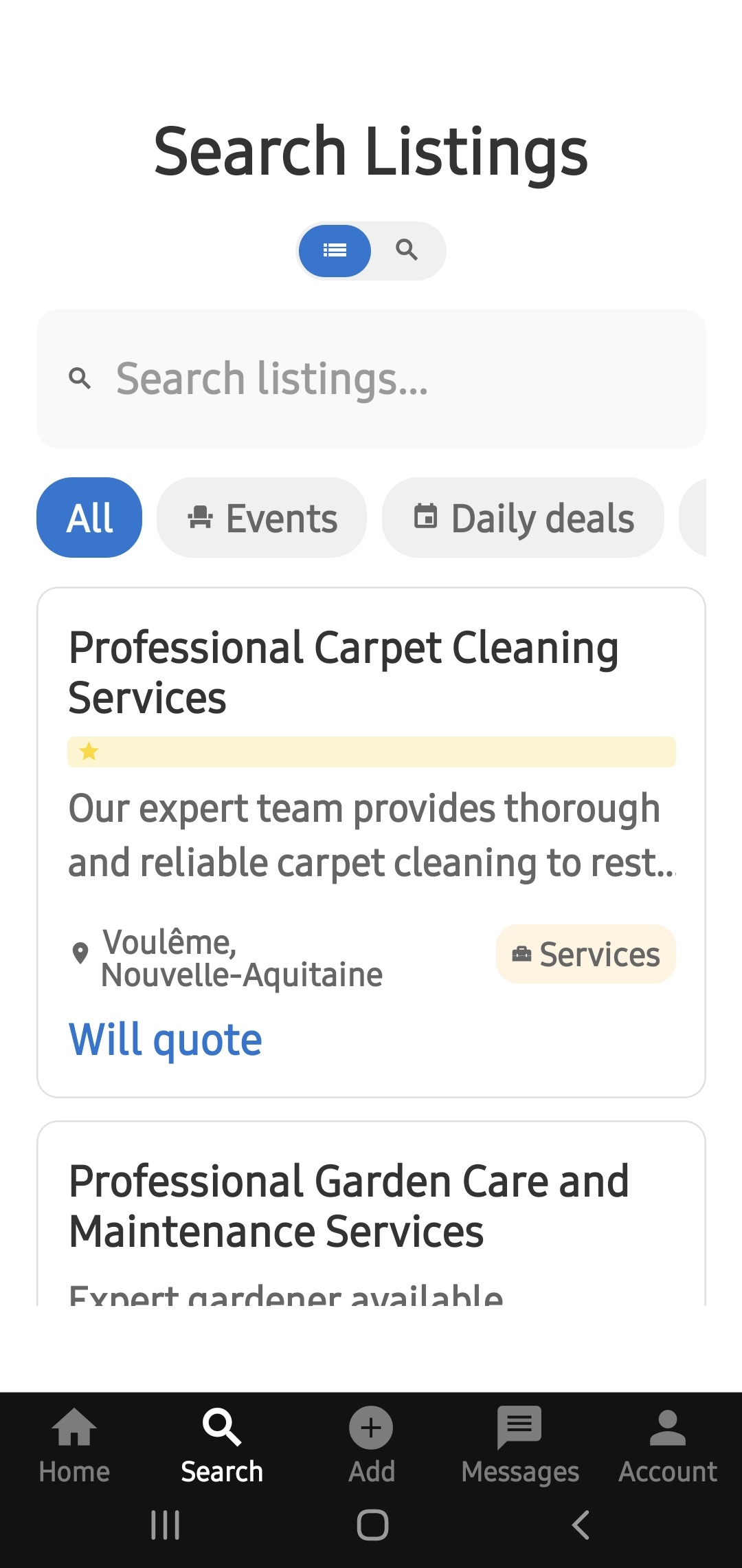Search screen with details