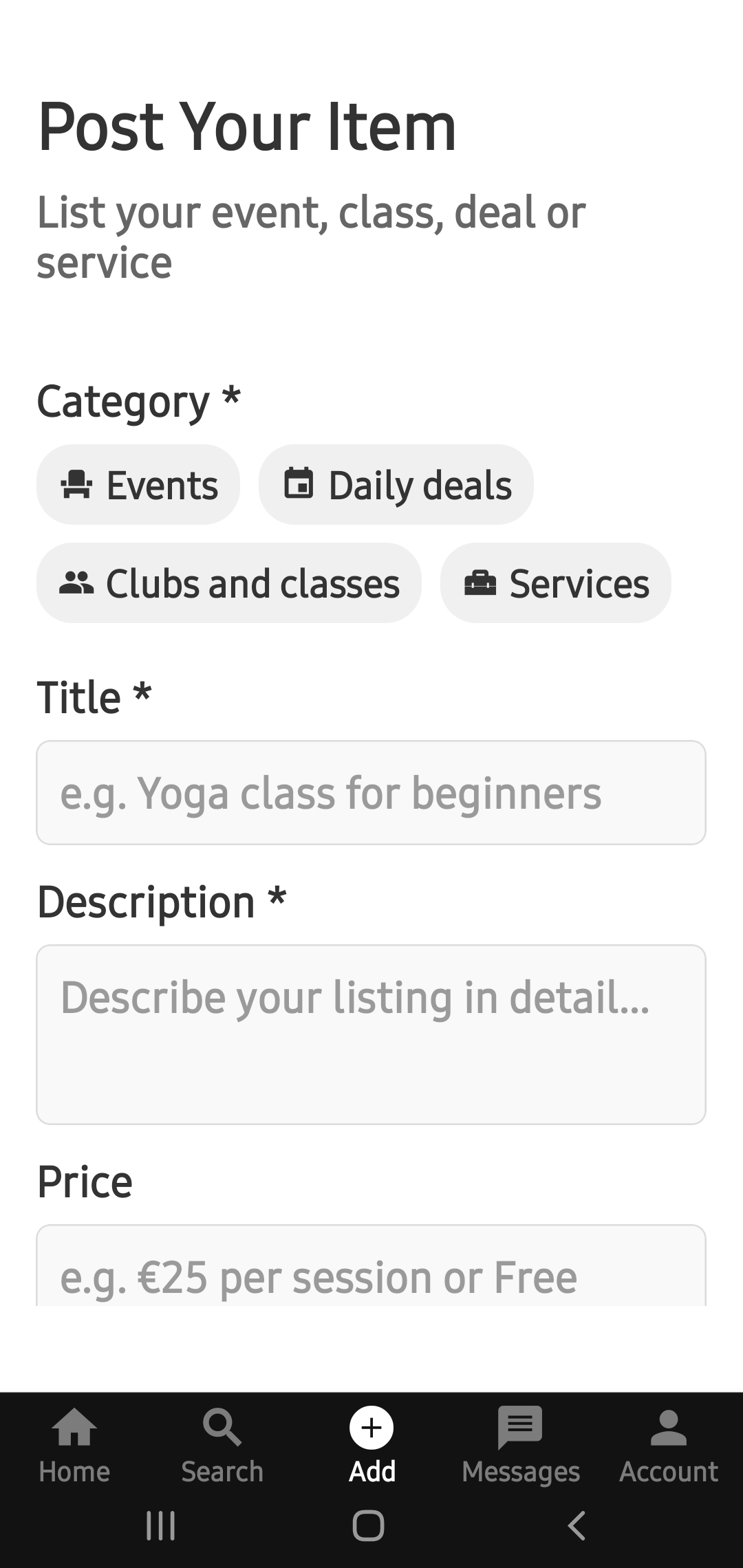 Create listing screen